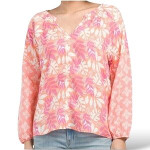 Sigrid Olsen Linen Mix Print Smocked Neck Peasant Women's Shirt Blouse sz Small